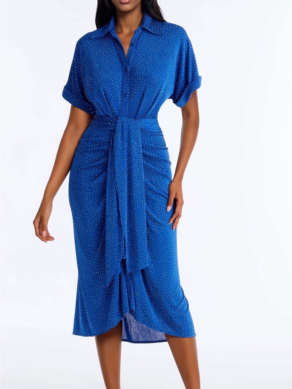 Blue Polka Dot Tie-Waist Shirt Dress